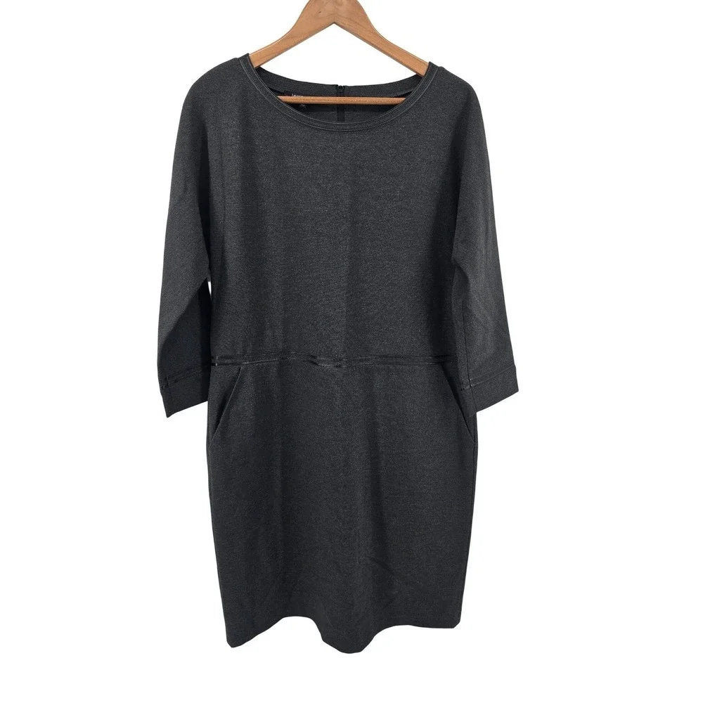 Lafayette 148 New York Dress Women 12 Gray Leather Trim 3/4 Sleeve Shift Pockets